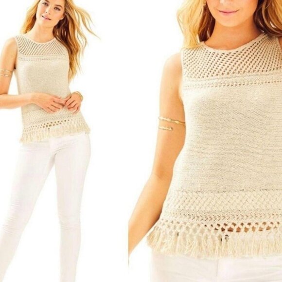 Lilly Pulitzer Limon Crochet Sleeveless Fringe Sweater Women's Size S - Picture 1 of 7